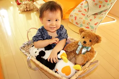 かごの中でくまのぬいぐるみと一緒に笑う赤ちゃん